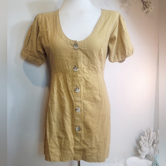 GILLIA 100% LINEN BUTTON UP ROUND NECK SHORT SLEEVES MUSTARD MINIDRESS SZ SMALL - Picture 9 of 16